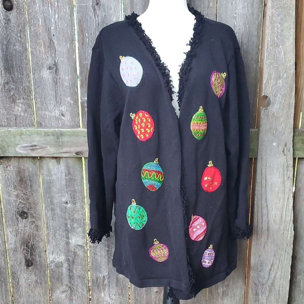Storybook Knits Ornament Fancy Black Christmas Cardigan 3X HSN